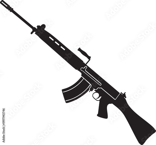 Isolated black and white vector illustration of firearms and military weapons including assault rifle, machine gun, pistol and shotgun in warfare theme