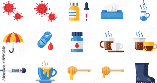 Set of Health and Illness Icons with Medicine, Virus, Thermometer, Tea, Honey, and Medical Tools for Wellness, Cold, and Healthcare Design Concepts