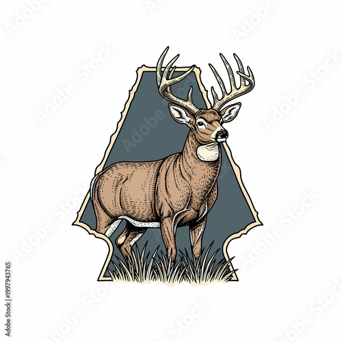 Vintage whitetail deer buck standing in grass field retro badge style illustration
