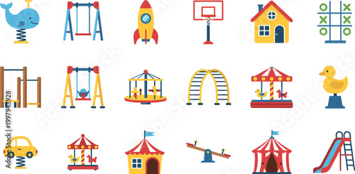Set of Playground and Amusement Park Icons with Swing, Slide, Carousel, Seesaw, Rocket Ride, and Kids Outdoor Play Equipment for Recreation Design Concepts