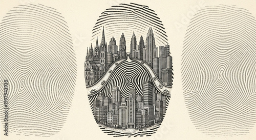 A conceptual vintage-style illustration depicting a detailed cityscape enclosed within a human fingerprint. Flanked by two faint fingerprints, this image symbolizes urban identity, digital security.