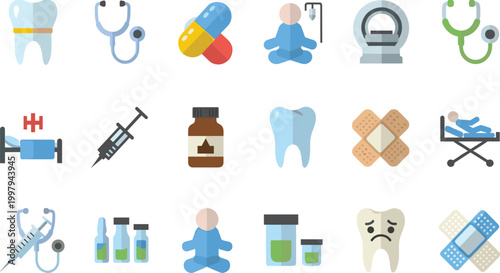 Set of Medical and Healthcare Icons with Stethoscope, Syringe, Pills, Hospital Bed, Bandage, Doctor, and Treatment Equipment for Wellness, Health, and Medicine Design Concepts