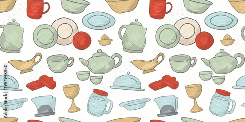 Seamless pattern kitchen stuff cooking essentials teapots cups plates and utensils for food branding packaging design projects.