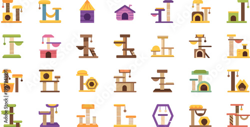 Variety of Cat Tree Icons in Different Designs for Pet Furniture, Cats, and Animal Care Concepts