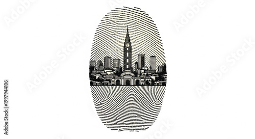 A creative black and white illustration of a fingerprint integrated with the London skyline, featuring the iconic Big Ben clock tower. This conceptual design represents urban identity.