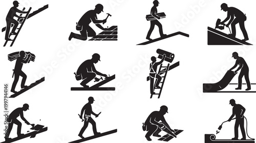 Set of roofer worker silhouettes, construction roofing icons, professional contractors installing shingles and waterproof membrane on roof.