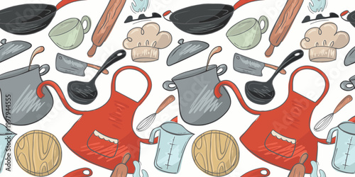 Seamless pattern kitchen stuff cooking essentials with aprons pots and utensils for food design projects.