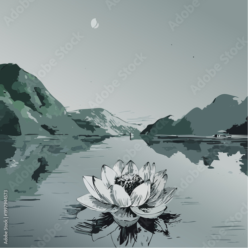 Serene lotus flower blooming peacefully on the waters surface.