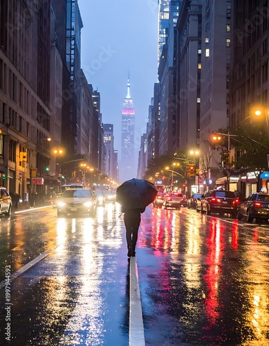 A rainy city street scene