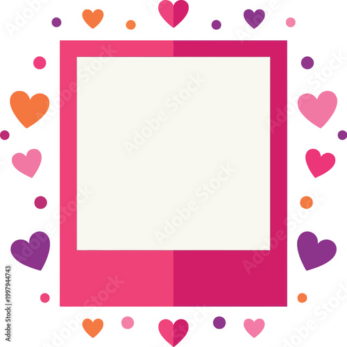 Polaroid frame sits at the center of a vibrant composition decorated with colorful hearts and circular confetti accents for a festive look.