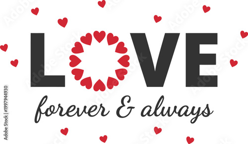 Love text graphic features a wreath of small red hearts around the letter O and is accented by scattered heart symbols against a plain white background.