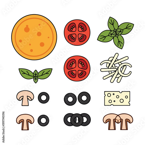 A colorful illustration of pizza ingredients