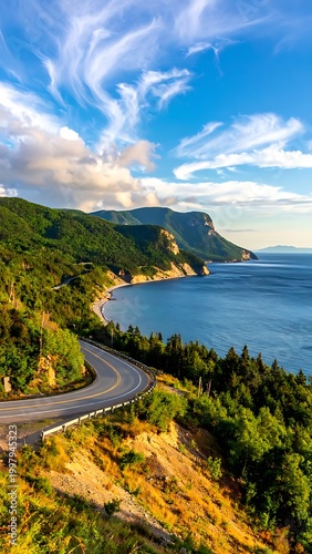 A scenic coastal road winds through lush greenery