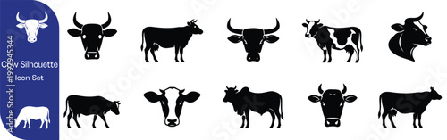 Black cow silhouette collection, set of 6 cattle and calf vector icons, farm animal livestock silhouettes for agriculture and dairy branding.