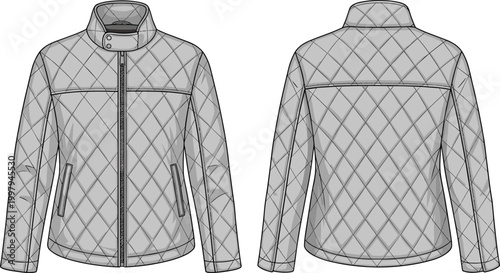 Women quilted jacket technical flat sketch front and back view padded outerwear fashion design illustration winter apparel template