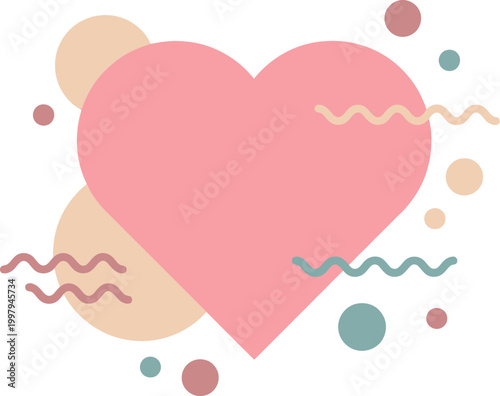 Heart shape in soft pink sits centered among scattered abstract dots and wavy lines on a clean white background.