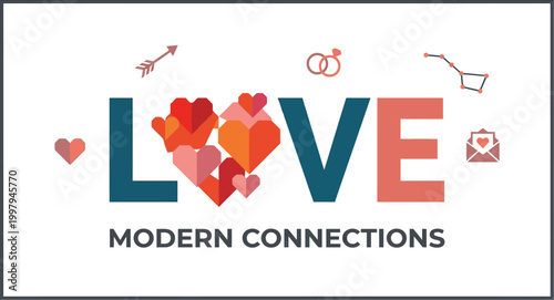 Love text featuring heart-shaped icons and romantic symbols provides a template for modern relationship announcements.