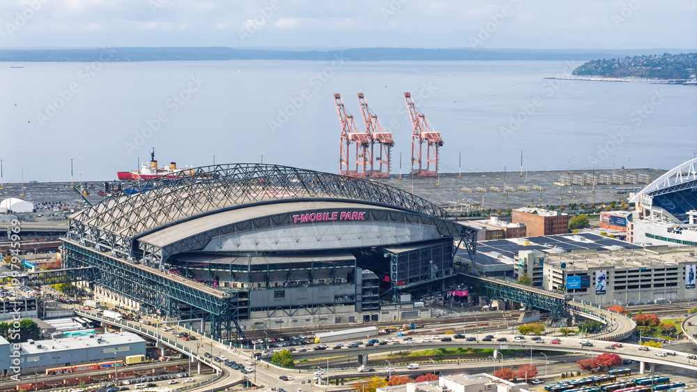 Fototapeta premium T Mobile Park stadium with Seattle harbor cranes