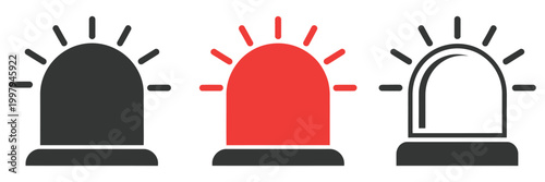 Medical emergency siren icon set in black and red, filled and outlined styles, urgent alert security system symbol collection, ambulance warning and healthcare emergency notification