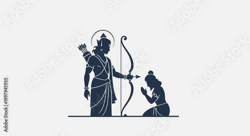 Minimalist icon of lord rama with bow and arrow and devotee in prayer hindu mythology symbol