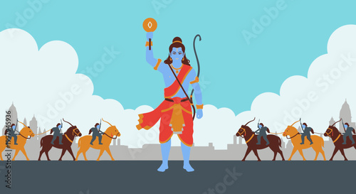 Hindu god rama standing victorious with bow and arrow surrounded by horses and soldiers in a cityscape