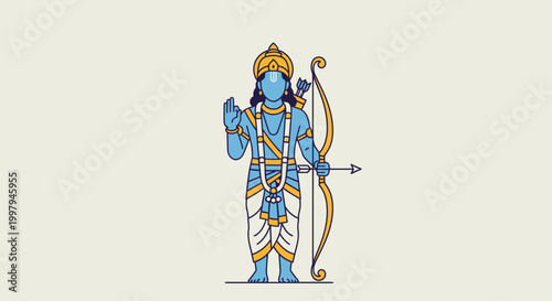 Hindu deity lord rama illustration with bow and arrow blue skin golden jewelry standing pose mythological character design