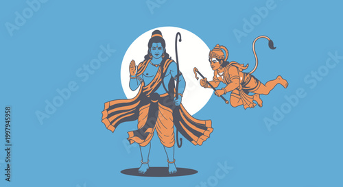Hindu god rama standing with bow and arrow battling ravana blue and orange vector illustration