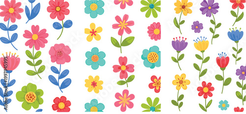 Colorful Spring Wildflower Sticker Set Cute Flat Cartoon Floral Elements with Stems and Leaves Various Blooming Flowers Vector Collection for Decoration