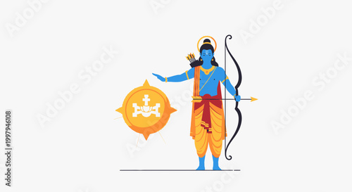 Hindu god rama vector icon with bow arrow and discus on white background