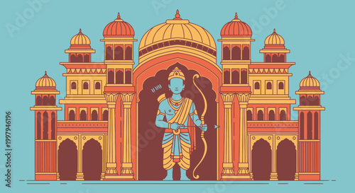 Hindu deity rama standing in front of a traditional indian temple entrance with bow and arrow