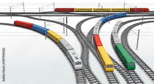 Model trains on a railway junction with multiple tracks.