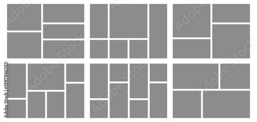 Photo collage template with manga grid layout design. Creative frame mockup for picture montage on white background. Organized mosaic composition for presentation and comic poster.