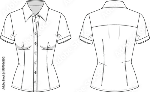 Women short sleeve button up shirt technical flat sketch front and back view tailored fit fashion garment design illustration
