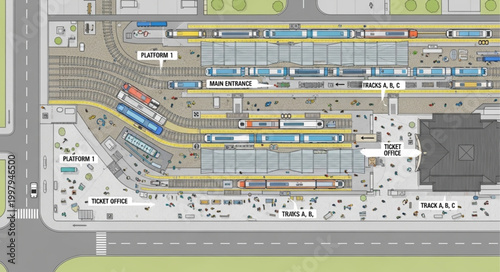 Aerial View of a Busy Train Station with Many Platforms and Passengers.
