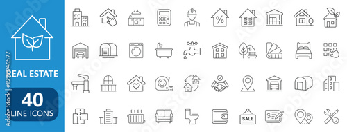 Real Estate line icon set. Containing Purchase and sale of housing, House, Agent, realty, property	