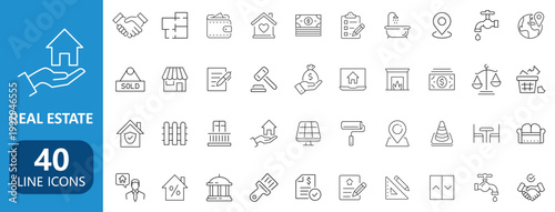 Real Estate line icon set. Containing Purchase and sale of housing, House, Agent, realty, property	