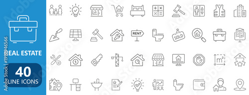 Real Estate line icon set. Containing Purchase and sale of housing, House, Agent, realty, property	