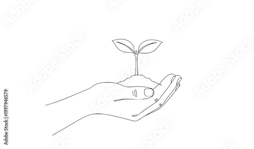 One Line Drawing of Hand Holding Plant Sprout for Growth and Ecology