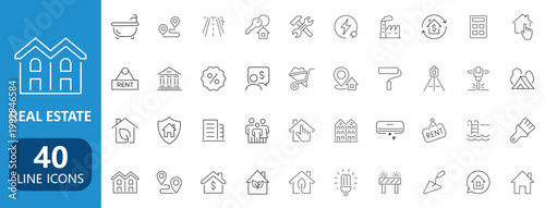 Real Estate line icon set. Containing Purchase and sale of housing, House, Agent, realty, property	