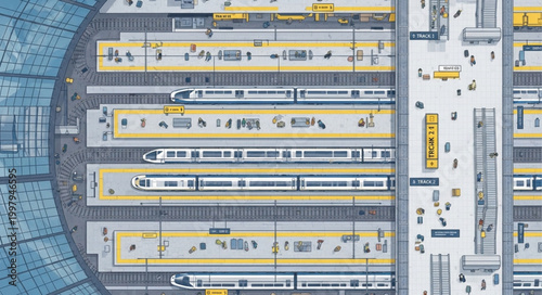 Aerial View of a Busy Train Station with Multiple Platforms and Trains.