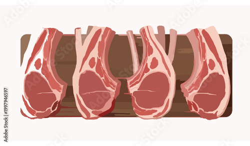 Raw Lamb Chops Rack on Wooden Board Vector for Butcher Menu