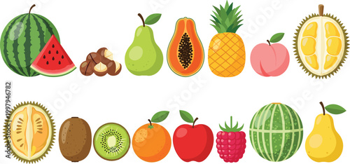 Colorful Tropical and Fresh Fruit Flat Vector Illustration Set with Watermelon Pineapple Papaya Kiwi Orange Apple and Pear Collection