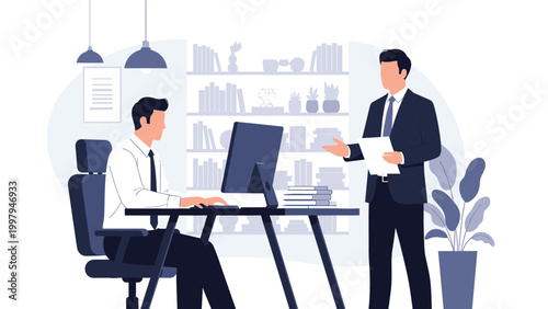 Professional office setting where a manager stands and discusses work with a male employee seated at a computer.