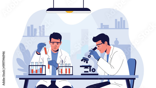 Two professional male scientists conducting experiments with test tubes and a microscope in a modern laboratory.