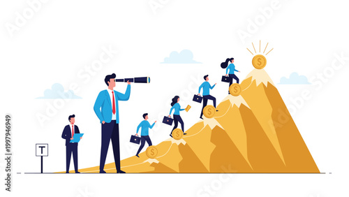 Business team climbing golden mountains to reach large coins representing financial goals and market success.