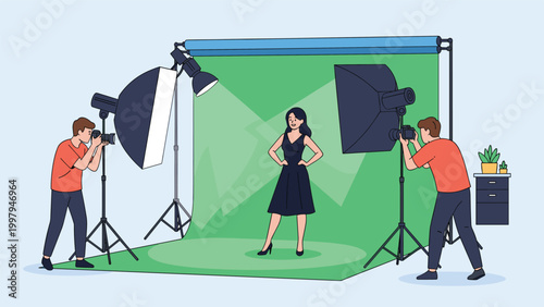 Beautiful model posing in an elegant dress against a green screen background in a professional photo studio.