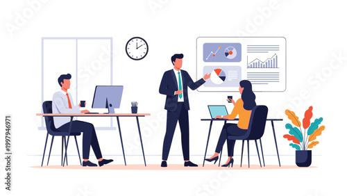 Business professional giving a detailed financial presentation in a modern office with various charts displayed on a whiteboard.