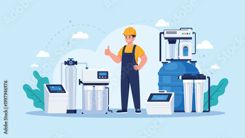 Professional technician in a hard hat giving a thumbs up next to advanced water filtration and treatment systems.