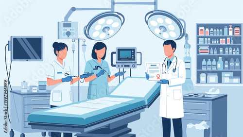 Medical team standing in a modern operating room as a professional surgeon proudly displays an official certificate or diploma.