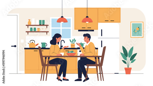 Happy young couple sitting at a dining table in a cozy kitchen having an engaging conversation over a morning meal together.